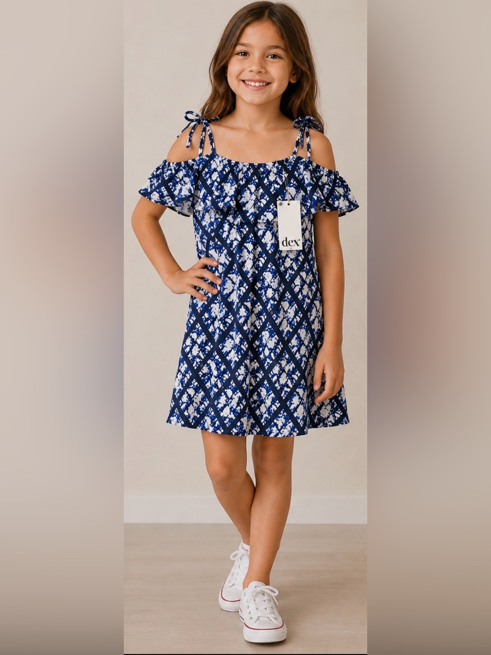 Dex Blue and White Off-Shoulder Patterned Dress